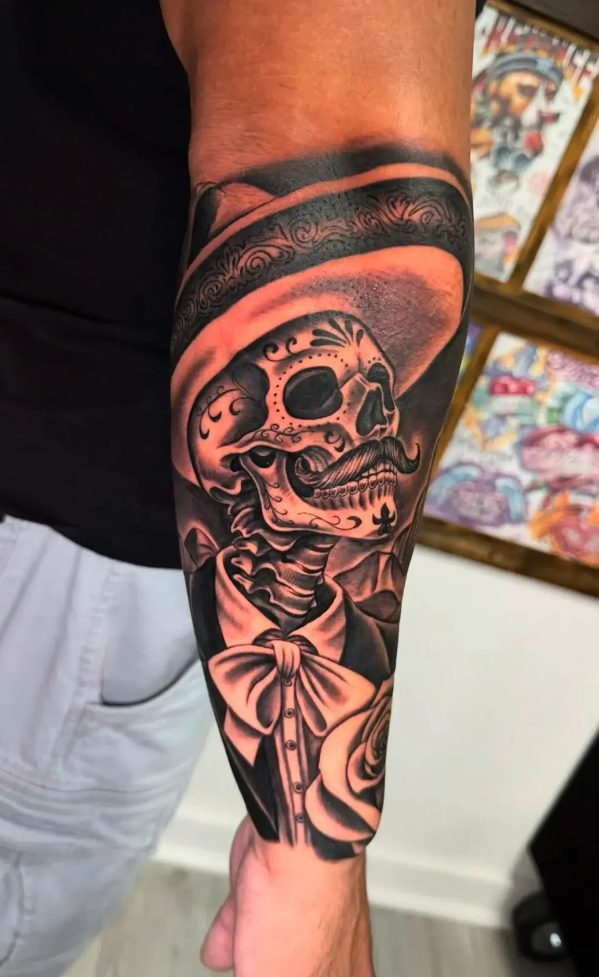 Decorative skull wearing a sombrero tattoo by Marcos